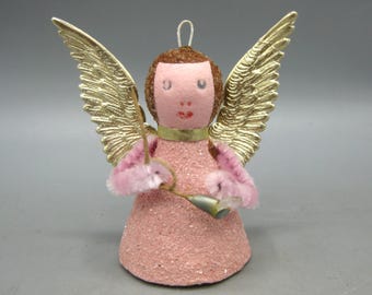 Vintage German Pink Chenille Pipe Cleaner Spun Cotton Mica Glitter Angel Christmas Decoration Ornament West Germany