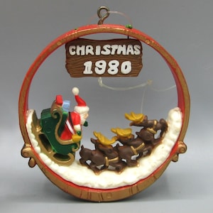 Vintage 1980 Hallmark Christmas Santa Claus Sleigh Reindeer Round Holiday Ornament