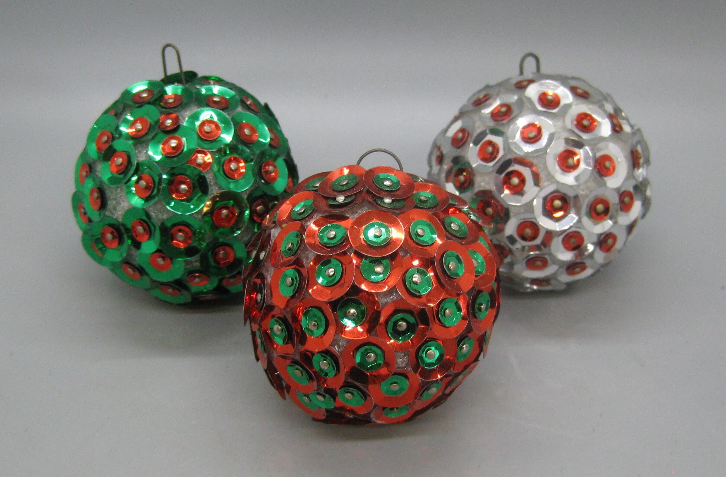 3 Vintage 60s Styrofoam Push Pin Sequin Beaded Ball Christmas Tree