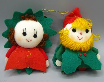 2 Dakin Stuffed Fabric Vintage Felt 80s Pixie Elf Doll Jingle Bell Christmas Ornaments