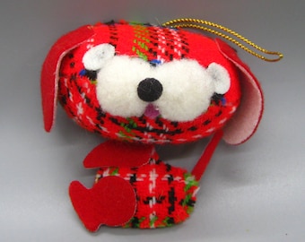 Vintage 60s Flocked Styrofoam Red Plaid Puppy Dog Christmas Ornament Decoration