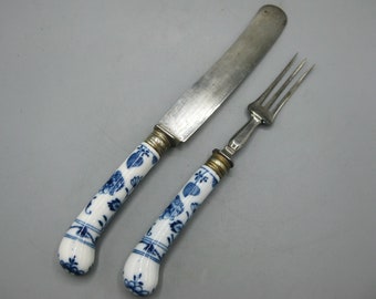 Antique Meissen Blue Onion Dinner Fork & Knife Leykauf Steel Blade