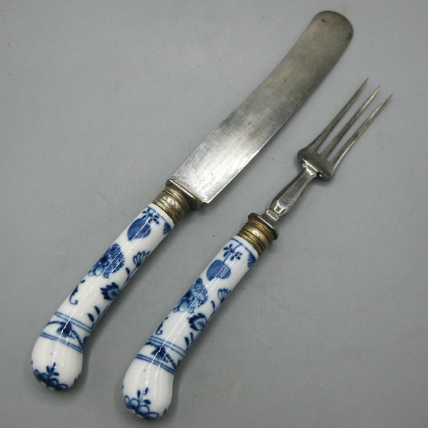 Antique Meissen Blue Onion Dinner Fork & Knife Leykauf Steel Blade