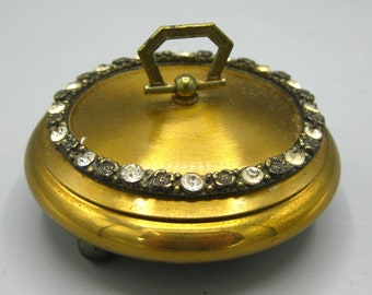 Vintage Rhinestone Gold Tone Product Vanity Table Round Trinket Box