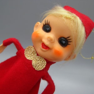 Vintage Hard Plastic Red Felt Pixie Elf Doll Christmas Tree Ornament Decoration Made in Japan