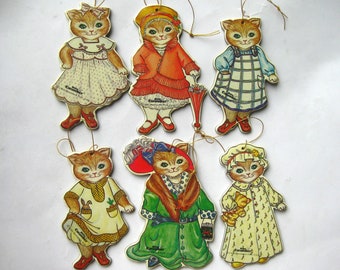 6 Vintage 80s Kitty Cucumber Merrimack Paperboard Cat Diecut Ornaments