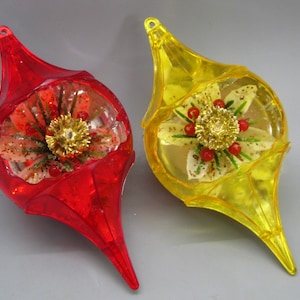 2 Vintage 60s JewelBrite Diorama Plastic Novelty Reflector Gold & Red Christmas Tree Ornament