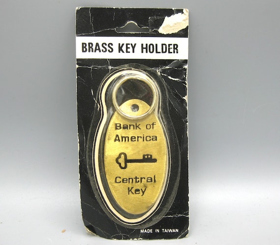 Vintage 70s Brass Bank of America Central Key Novelty Keychain Key Ring