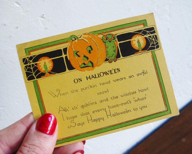 Vintage 20s Halloween Jack-o-Lantern Owl Greeting Card