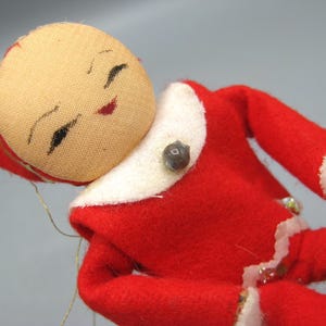 Vintage Red Felt Posable Sitting Pixie Elf Doll Christmas Tree Ornament Decoration