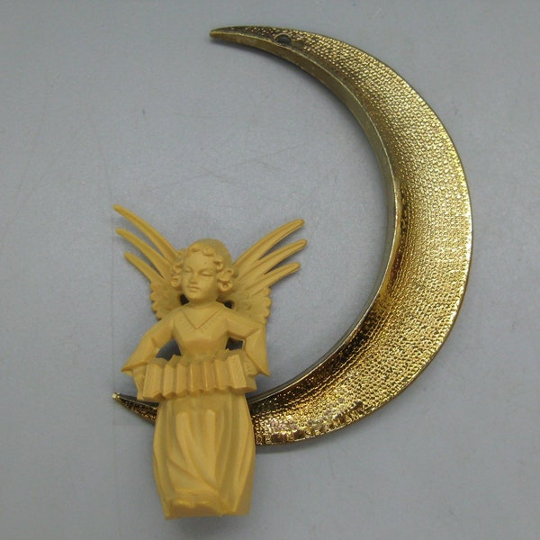 Vintage 50s German Celluloid Angel Gold Crescent Moon Christmas Tree Ornament