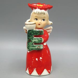 Vintage 50s Commodore Ceramic NOEL Christmas Poinsettia Girl Figurine Letter E