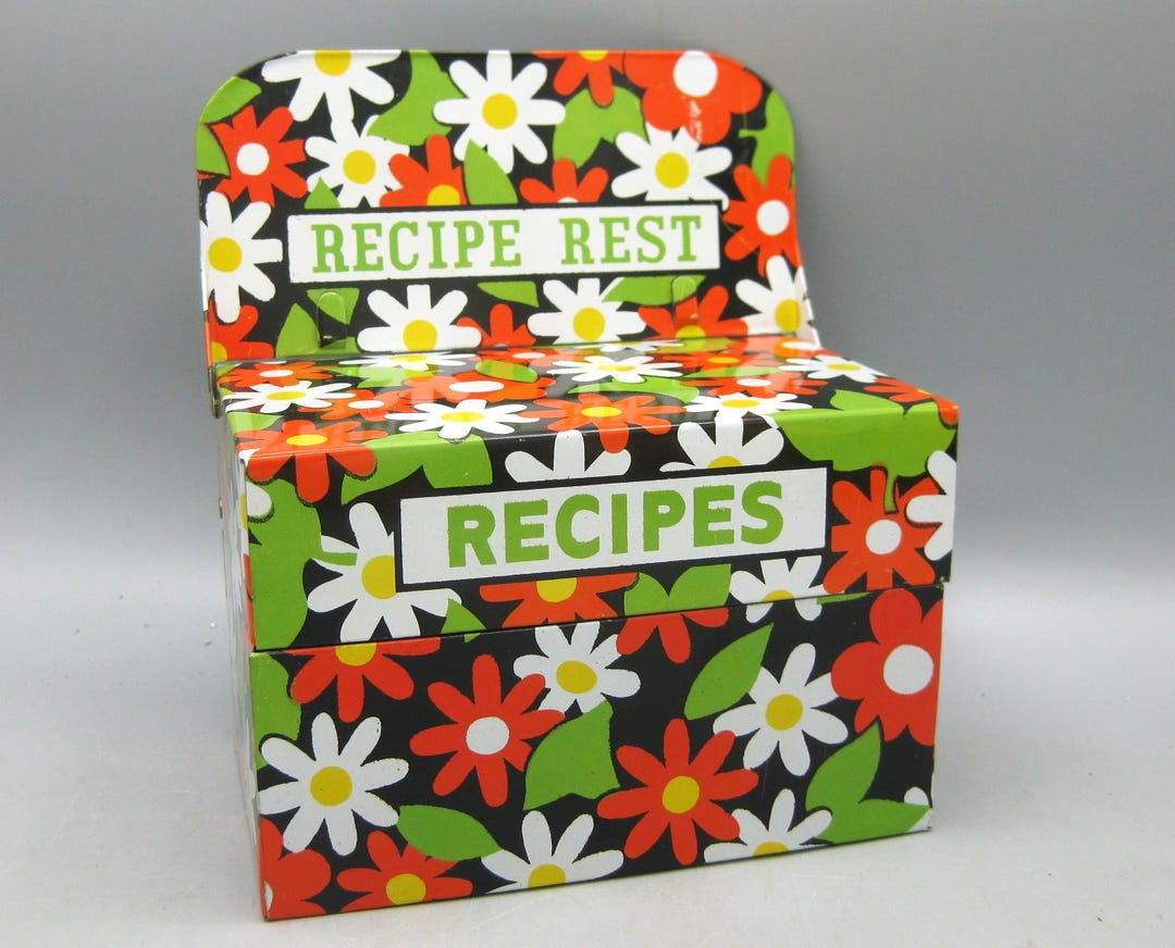 Vintage 70s Daisy Flower Tin Litho Kitchen Recipe Box With Card