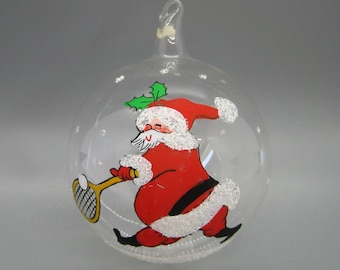 Vintage 70s Hand Painted Santa Claus Tennis Blown Glass Christmas Tree Ornament