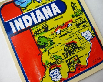 Vintage 40s Indiana State Map Souvenir Travel Luggage Water Decal Transfer
