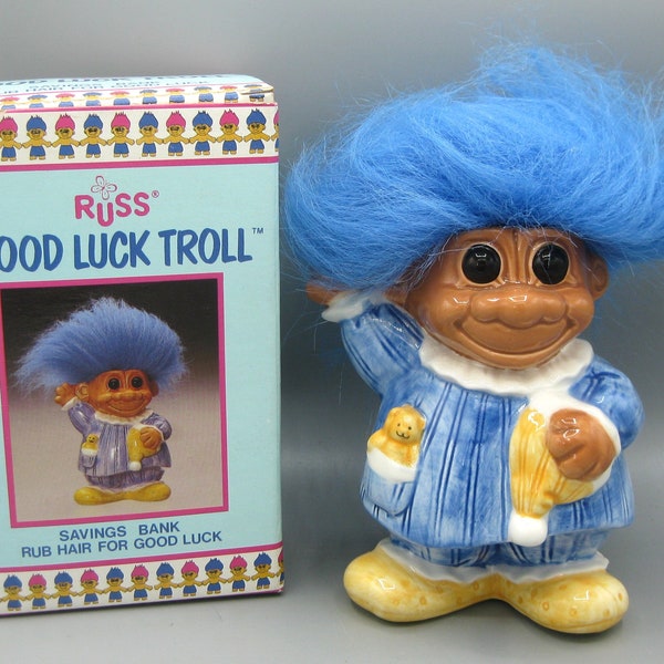 Vintage 80s Russ Good Luck Troll Ceramic Figural Novelty Coin Bank Blue Pajamas