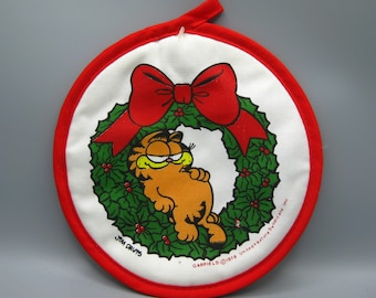 Support de pot de cuisine rouge Garfield Christmas Wreath vintage des années 70