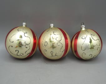 3 adornos navideños vintage de cristal rojo a rayas para árbol de Navidad, procedentes de Alemania Occidental.