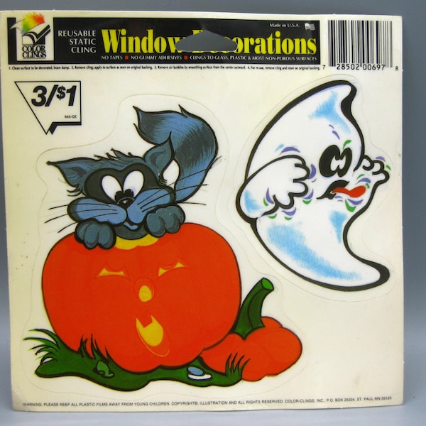 Vintage 90s Halloween Black Cat Ghost Pumpkin Window Cling Vinyl Plastic Decoration