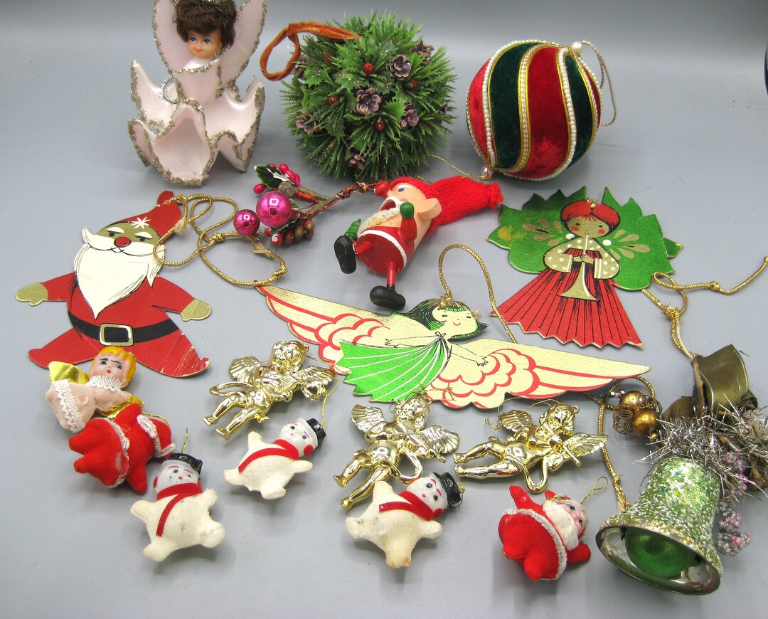 * vintage ornaments ❀ * ✴ * クリスマスセット (a) 18pcs Vintage 60s Styrofoam Plastic Novelty Flocked Christmas Tree