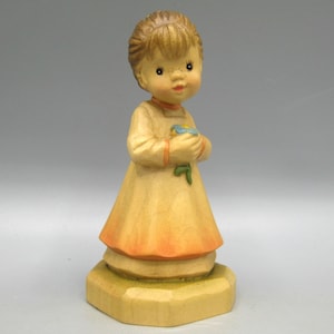 Vintage Anri Italian Carved Wood Girl with Flower Bouquet Just For You Sarah Kay Figurine