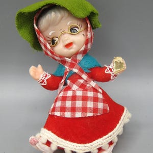 Flocked Plastic Mrs. Santa Claus Christmas Decoration Ornament Vintage 60s Red