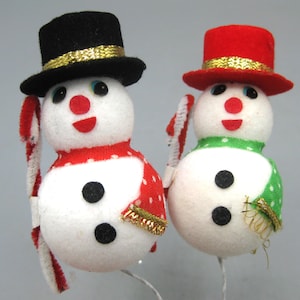 2 Vintage Flocked Styrofoam Snowman Snowmen Chenille Christmas Ornaments Figurines Decorations