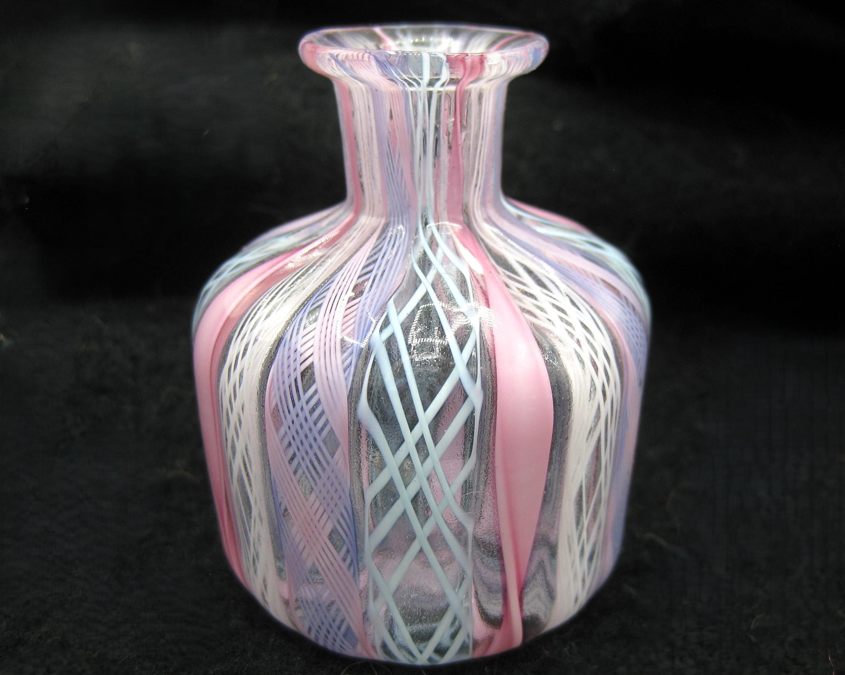 Vintage Murano Latticino Ribbon Glass Small Pink Vase Italian