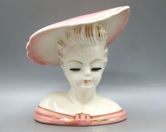 Vintage 50s Pink Ceramic Lady Head Vase