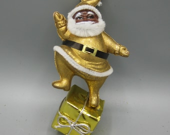 Vintage 60s Black Dancing Santa Claus Gold Glitter Christmas Hard Molded Plastic Ornament