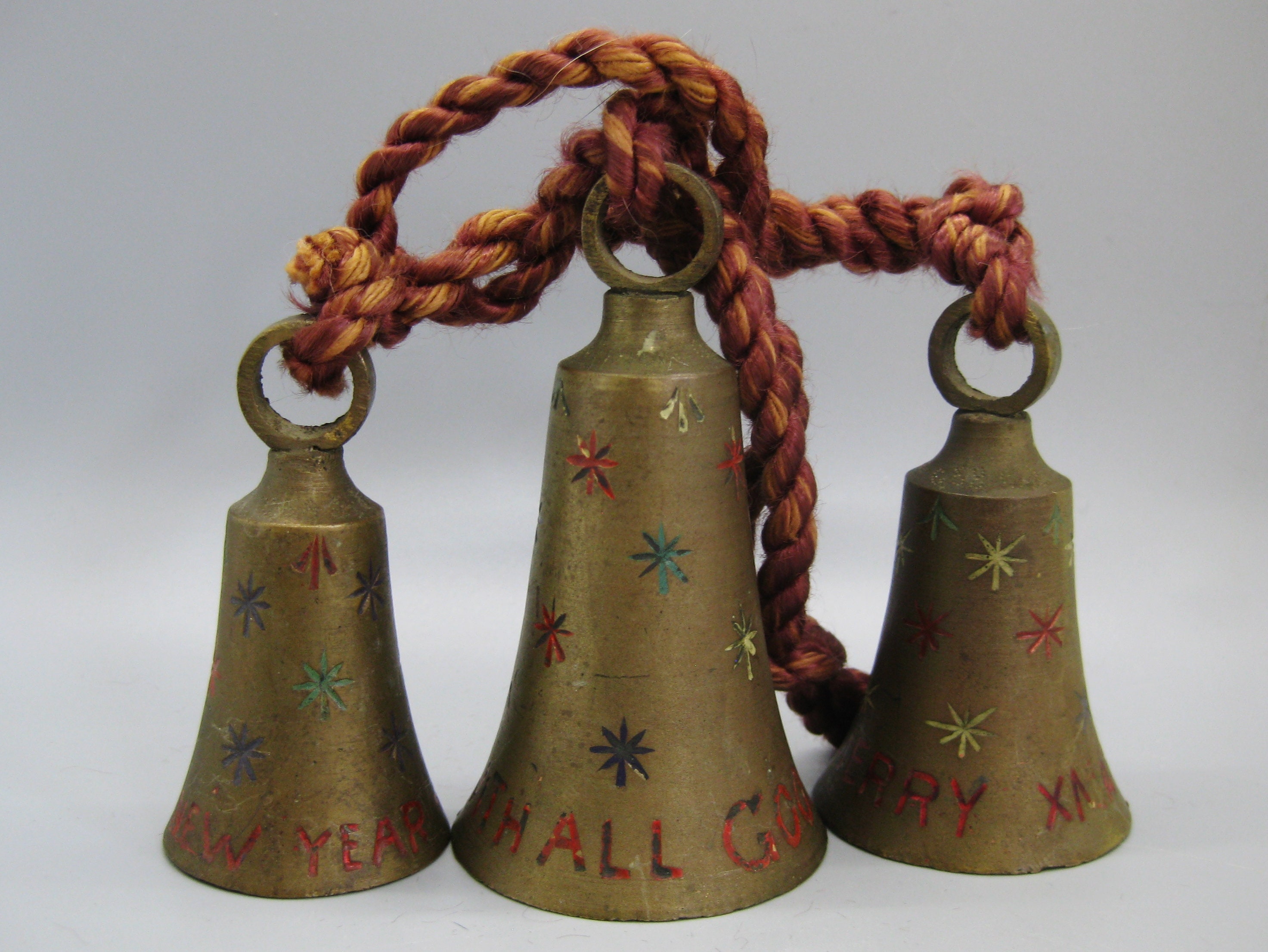 1950s Happy Holiday Greeting Brass Bells - Set of 3