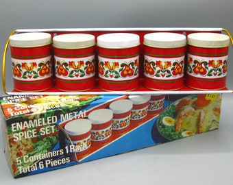 Vintage Kmart Enameled Metal Tin Litho Spice Jars with Rack Kitchen Decor