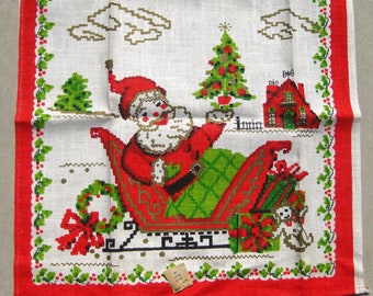 Vintage 60s Santa Claus Irish Linen Christmas Kitchen Tea Towel Unused