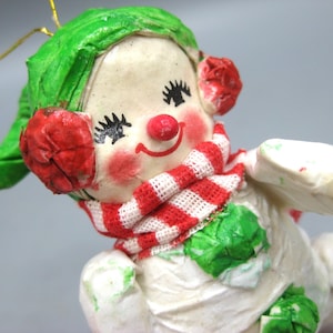 Vintage 70s Paper Mache Snowman on Ice Skates Christmas Ornament