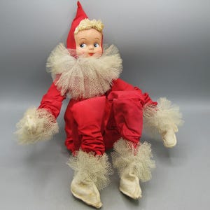 Vintage röd taft poserbar storögd älvflicka julgransprydnad dekoration