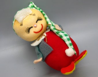 Vintage años 60 flocado poliestireno verde y rojo elfo adorno navideño decoración