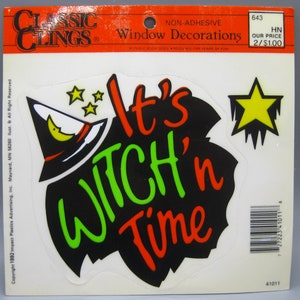Vintage 90er Jahre It&#39;s Witch&#39;n Time Halloween Hexenhut Fensterschmuck Vinyl Plastik Dekoration