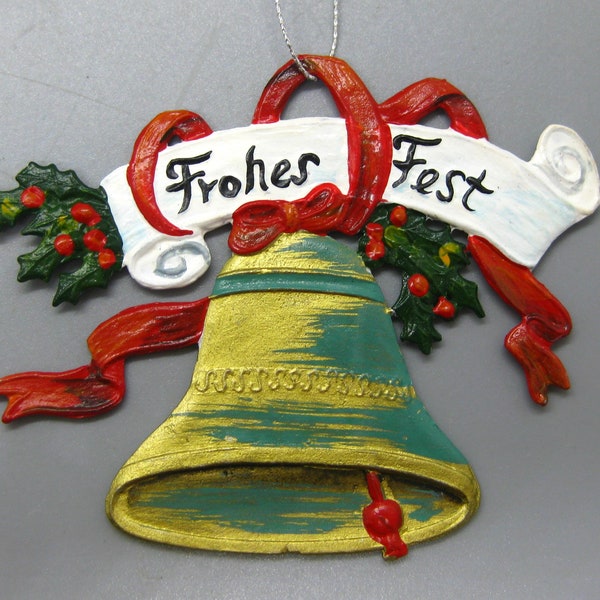 Kathe Wohlfahrt tedesco in peltro Frohes Fest campana di Natale ornamento vintage Rothenburg Germania