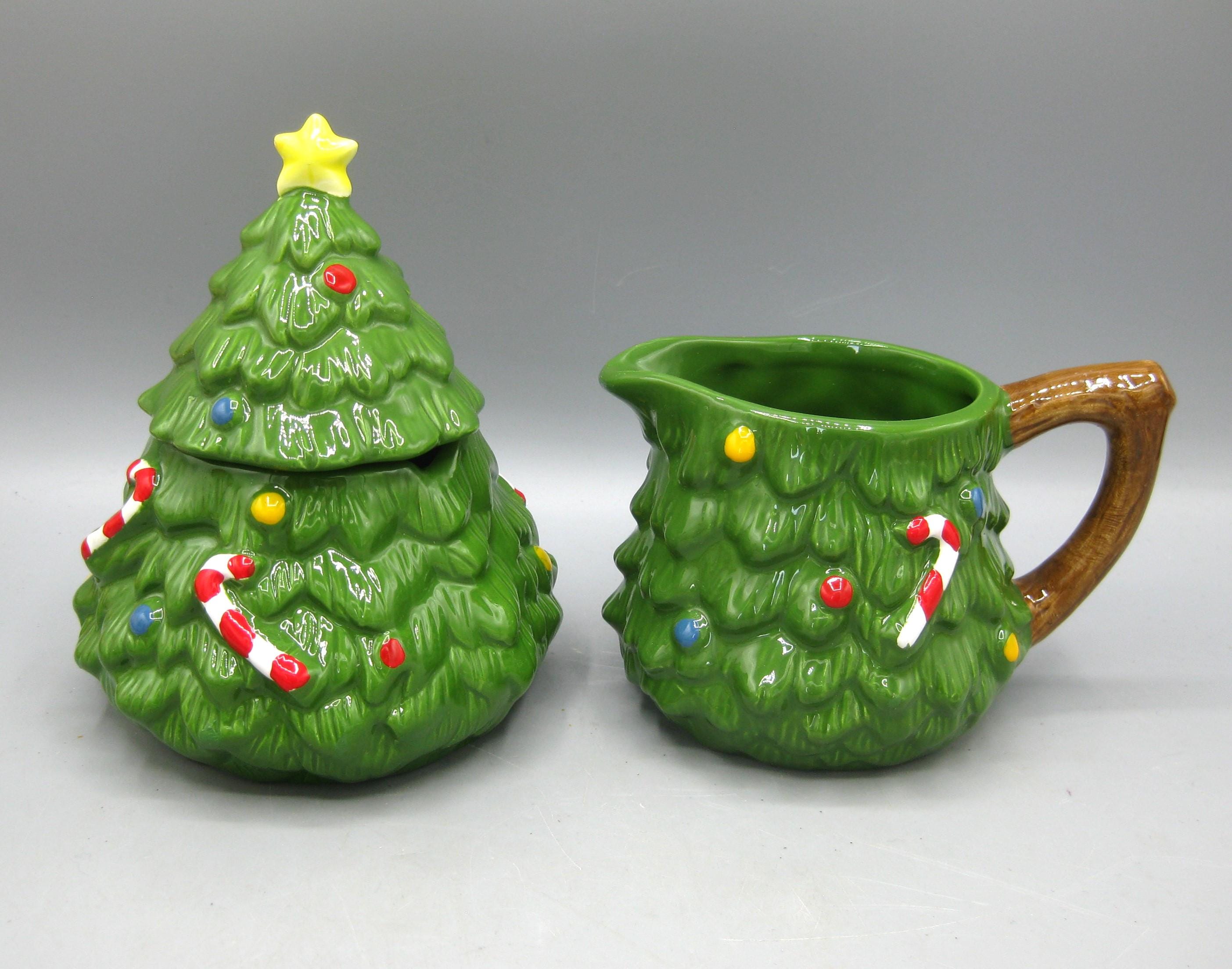 Vintage Enesco Ceramic Christmas Tree Cream & Sugar Set