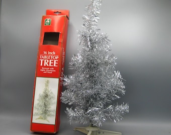 Vintage 80s Silver Tinsel 16" Tabletop Aluminum Christmas Tree