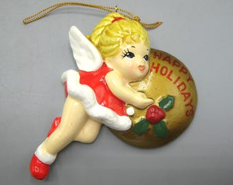 Vintage Composition Angel Girl Happy Holidays Christmas Tree Ornament