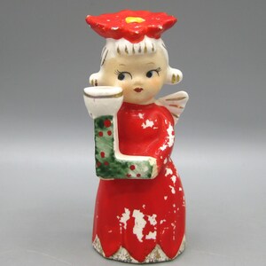 Vintage 50s Commodore Ceramic NOEL Christmas Poinsettia Girl Figurine Letter L