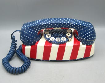 Vintage 80s Stars & Stripes USA Flag Touch Tone Push Button Novelty Phone Telephone
