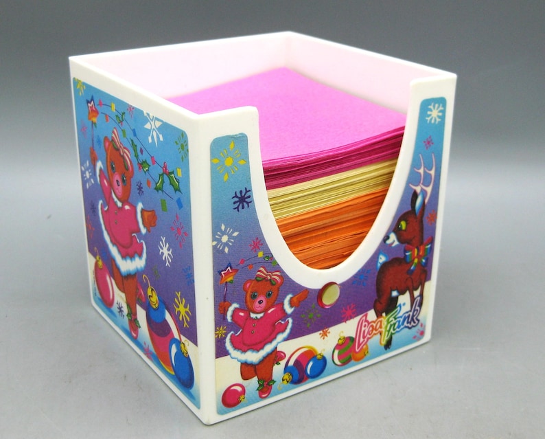 Vintage 80s Lisa Frank Desk Top Note Pad Cube Paper Holder Christmas image 1