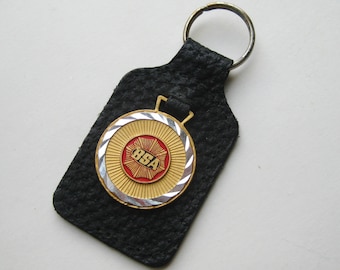 Vintage BSA Black Leather Enamel Logo Motorcycle Keychain Key Chain Fob