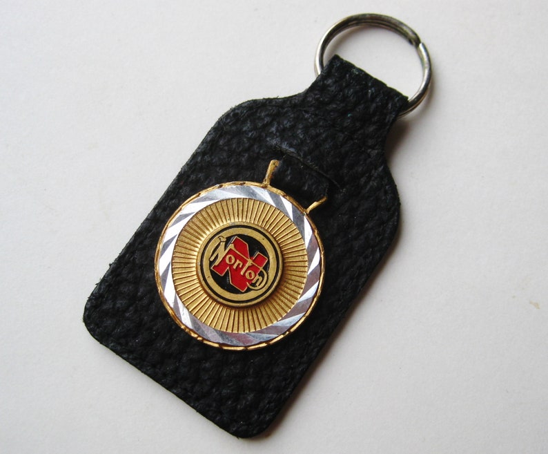 Vintage Norton Black Leather Enamel Logo Motorcycle Keychain Key Chain Fob