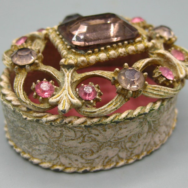 Vintage 50s Pink Jeweled Florenza Rhinestones Vanity Table Trinket Box