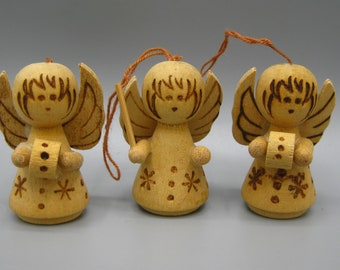 3 German Miniature Carved Angel Vintage Wooden Christmas Tree Ornaments