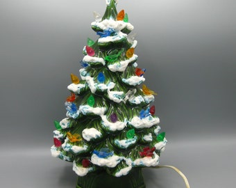 Vintage 11" Green Snowy Ceramic Light Up Christmas Tree with Birds Lamp Decoration Holland Mold