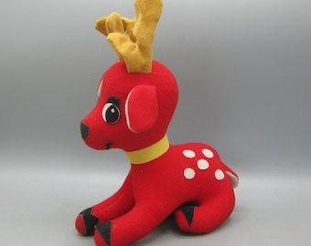 Rena de pelúcia vermelha vintage dos anos 60, decoração de Natal kitsch, estatueta de animal de pelúcia